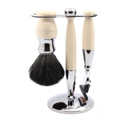 Edwin Jagger 37 Range 3pc Gillette® Fusion® Razor Shaving Set Imitation Ivory (Black Synthetic)