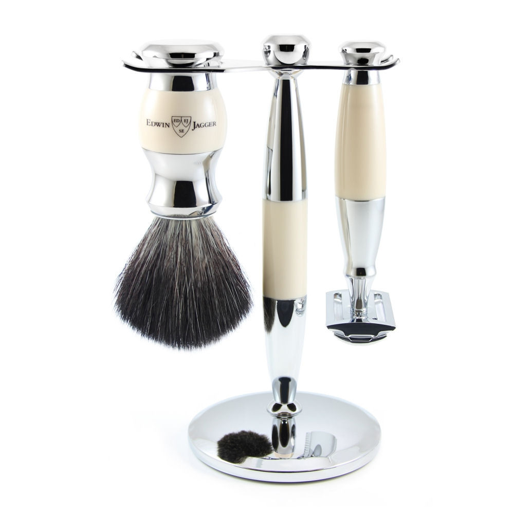 Edwin Jagger Imitation Ivory \u0026 Chrome 3 Piece DE Set (Black Synthetic)