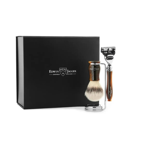 Edwin Jagger 3 piece Chatsworth Imitation Light Horn Fusion Gift Set with Synthetic Silver Tip Brush